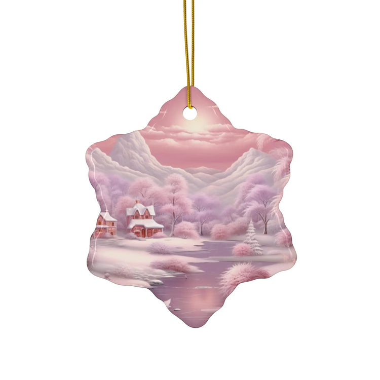 Holiday Ceramic Ornament, Snowflake & Round Shape, Pink Christmas Scene, Tree Decor, Xmas Gift, Home Decor The Aurora Touch
