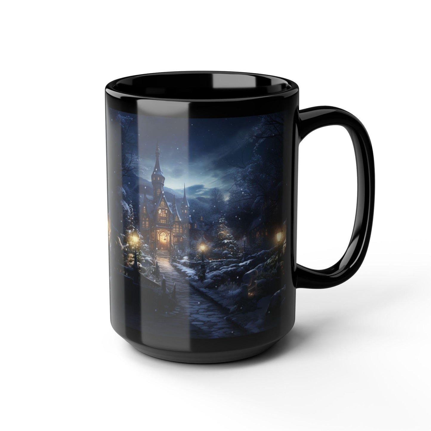 Winter's Night Scenery Black Mug, 15oz - Holiday Novelty Mug, Designer Portrait Mug, Home Decor, Stocking Stuffer
