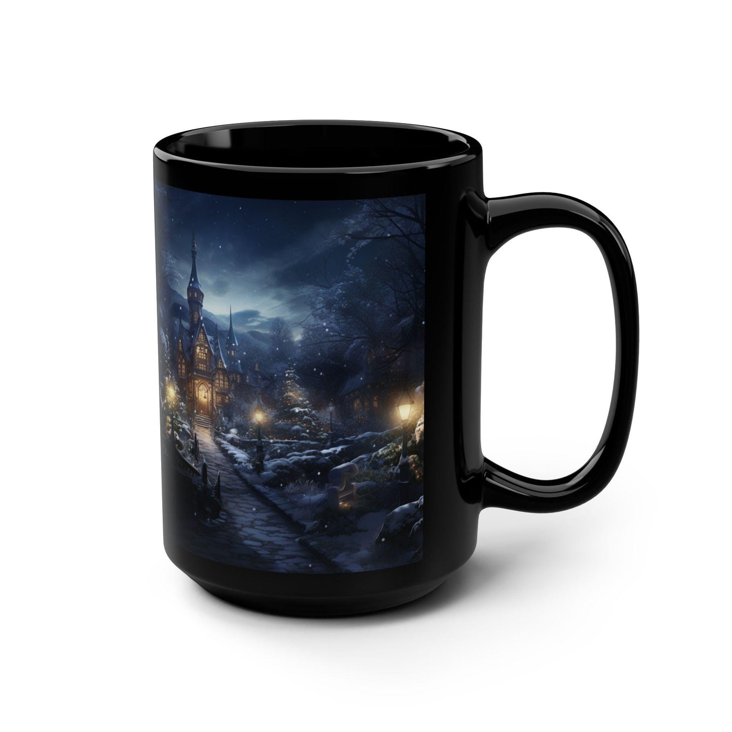 Winter's Night Scenery Black Mug, 15oz - Holiday Novelty Mug, Designer Portrait Mug, Home Decor, Stocking Stuffer