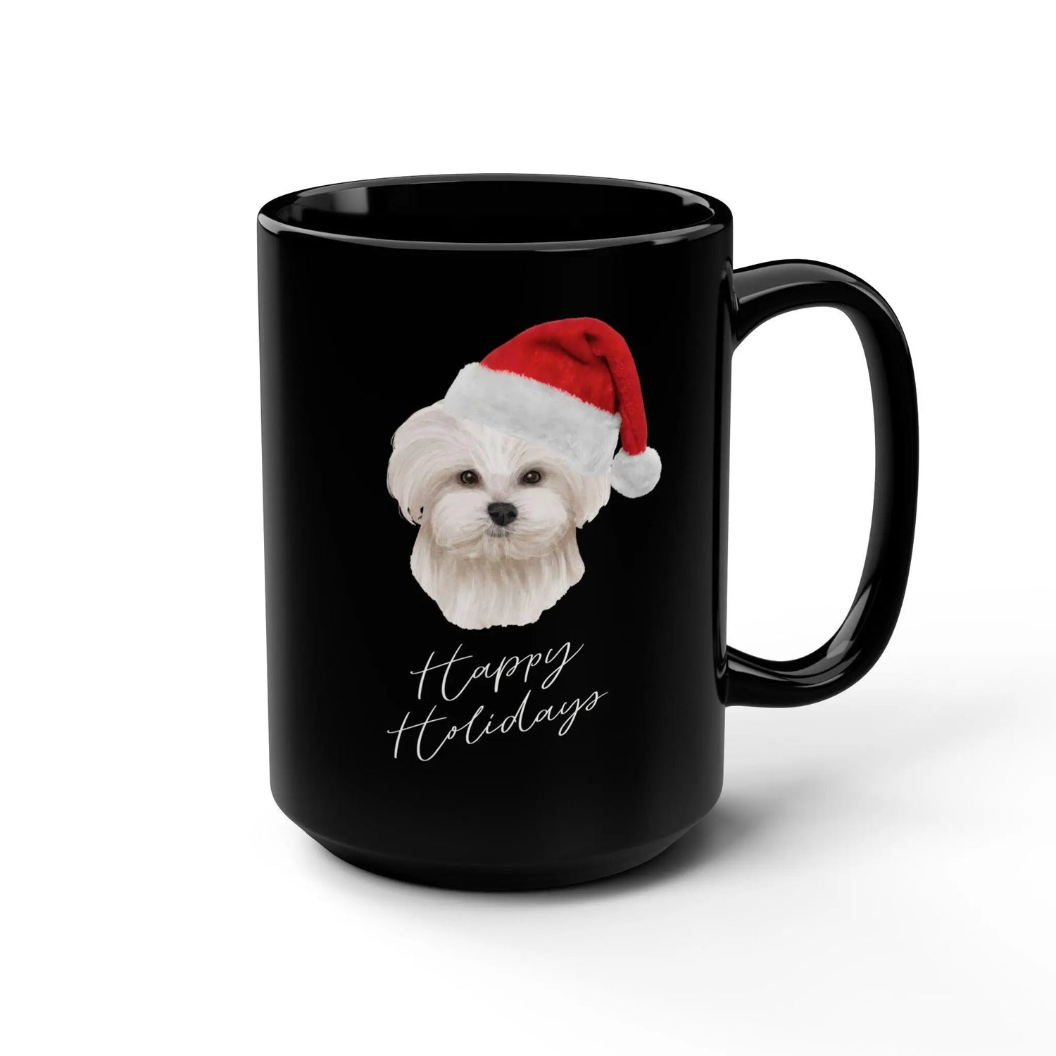 Dog Lover Maltese 15oz Black Mug - Xmas Gift, Fancy Coffee Cup, Hot Tea Designer Beverage Cup, Holiday Design The Aurora Touch