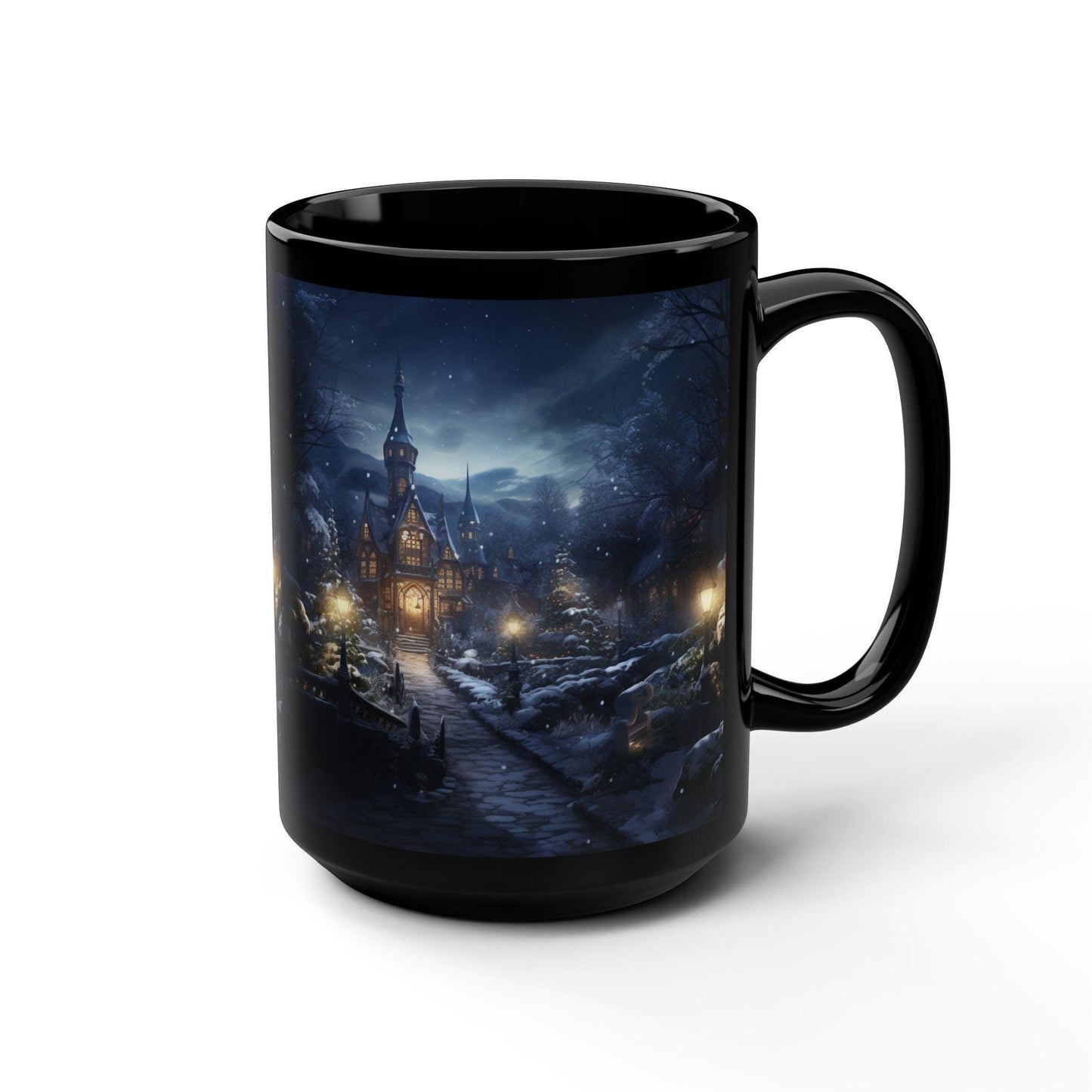 Winter's Night Scenery Black Mug, 15oz - Holiday Novelty Mug, Designer Portrait Mug, Home Decor, Stocking Stuffer