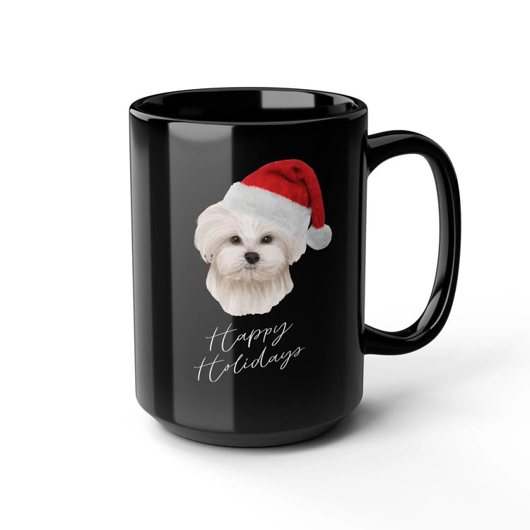 Dog Lover Maltese 15oz Black Mug - Xmas Gift, Fancy Coffee Cup, Hot Tea Designer Beverage Cup, Holiday Design The Aurora Touch