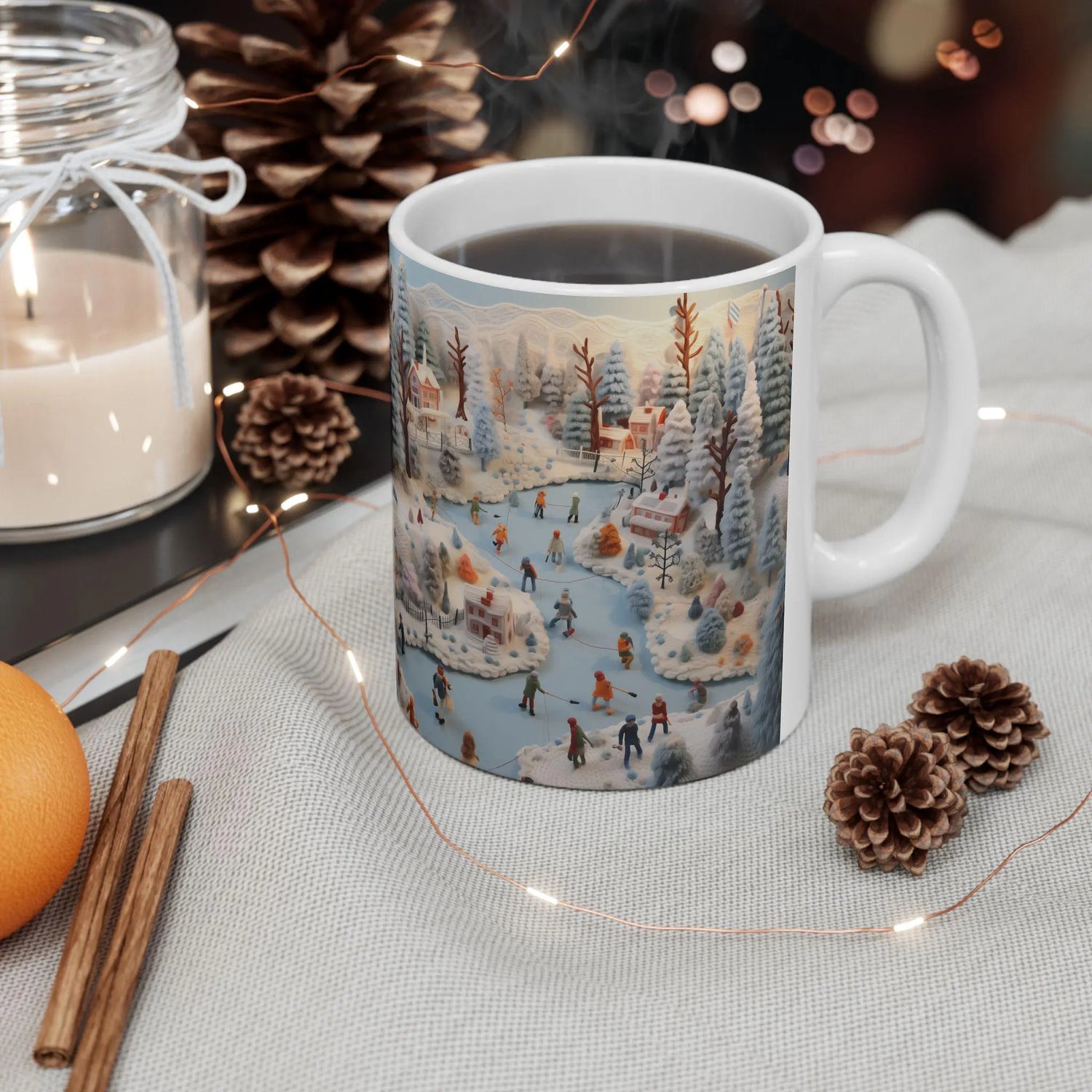 Holiday Scene Ceramic Mug - Crochet Xmas Designs, Hot Chocolate Mug, Novelty Holiday Items, Christmas Gift Idea, Contemporary Xmas Coffee The Aurora Touch