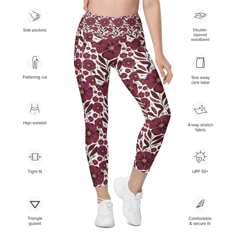 High-Waisted Leggings with Pockets | Recycled Polyester Floral all over Print Pattern Workout Pants | UPF 50+ Compression Yoga Tights The Aurora Touch