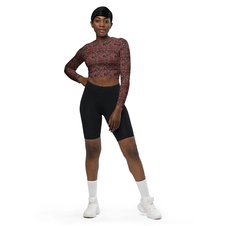 Eco-Friendly Long-Sleeve Crop Top – Recycled Fabric, UPF 50+ Sports, jean casual dinner everyday all over pattern print sexy top The Aurora Touch