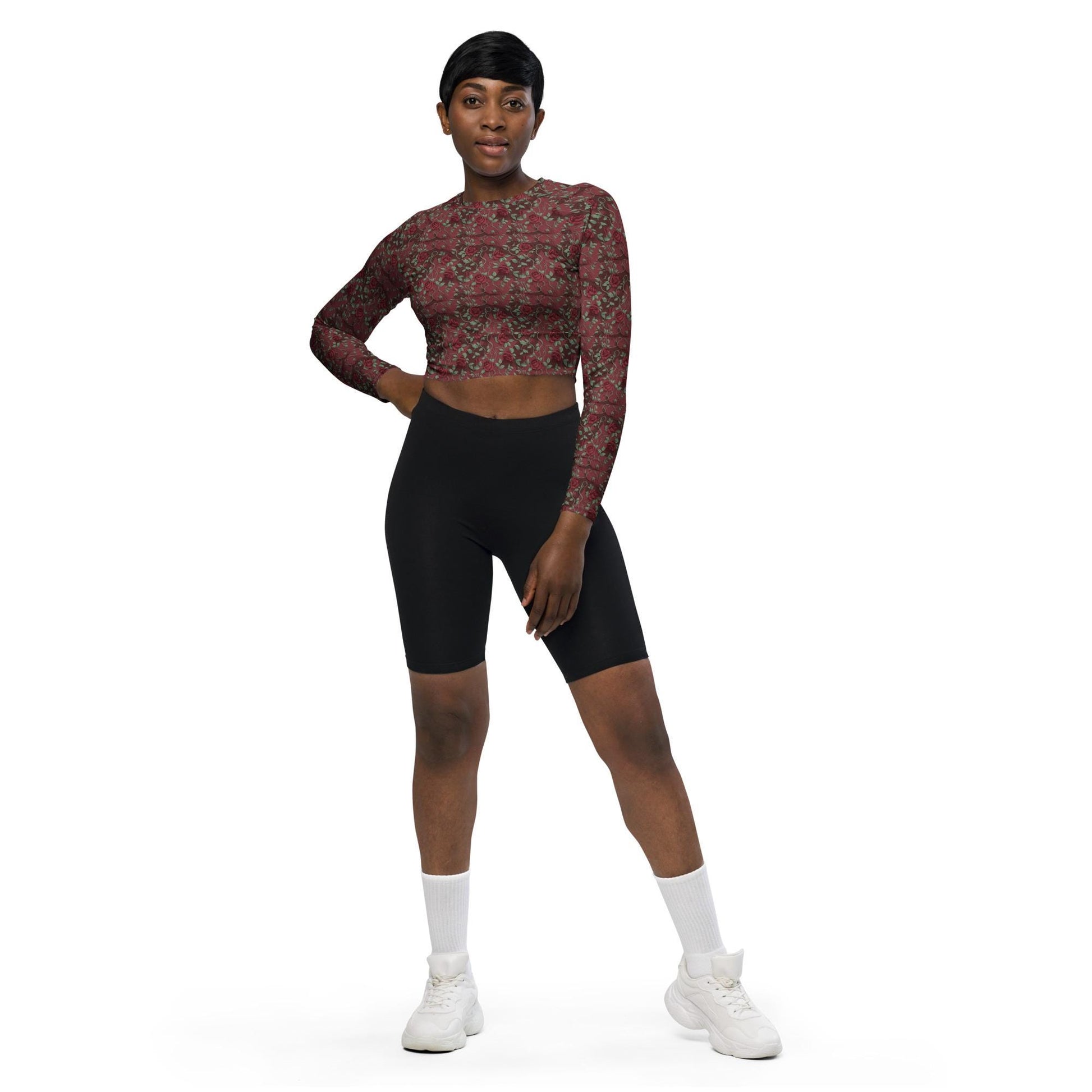 Eco-Friendly Long-Sleeve Crop Top – Recycled Fabric, UPF 50+ Sports, jean casual dinner everyday all over pattern print sexy top