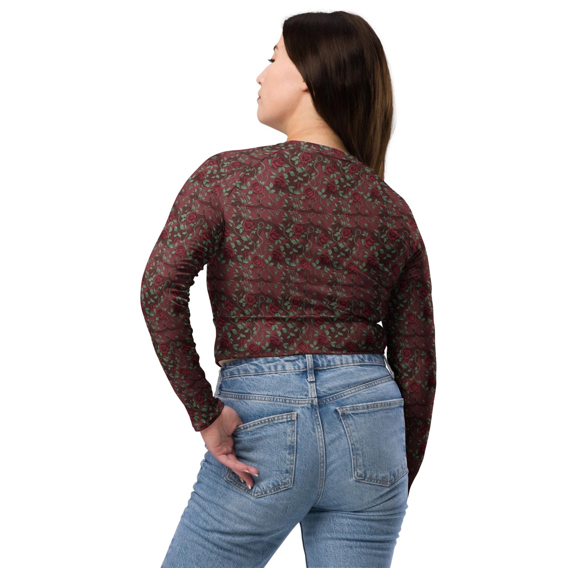 Eco-Friendly Long-Sleeve Crop Top – Recycled Fabric, UPF 50+ Sports, jean casual dinner everyday all over pattern print sexy top