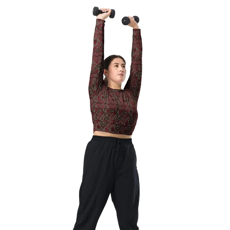 Eco-Friendly Long-Sleeve Crop Top – Recycled Fabric, UPF 50+ Sports, jean casual dinner everyday all over pattern print sexy top