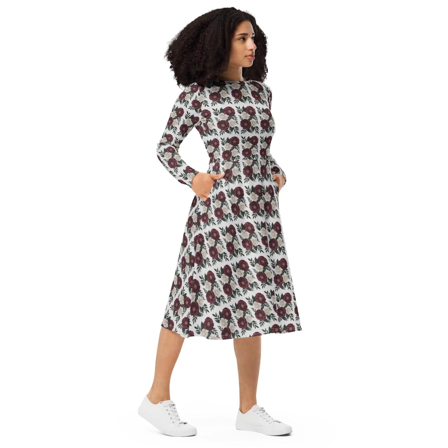 Floral All-Over Print Long Sleeve Midi Dress with Pockets – Feminine Fit & Flared Style The Aurora Touch