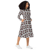 Floral All-Over Print Long Sleeve Midi Dress with Pockets – Feminine Fit & Flared Style The Aurora Touch