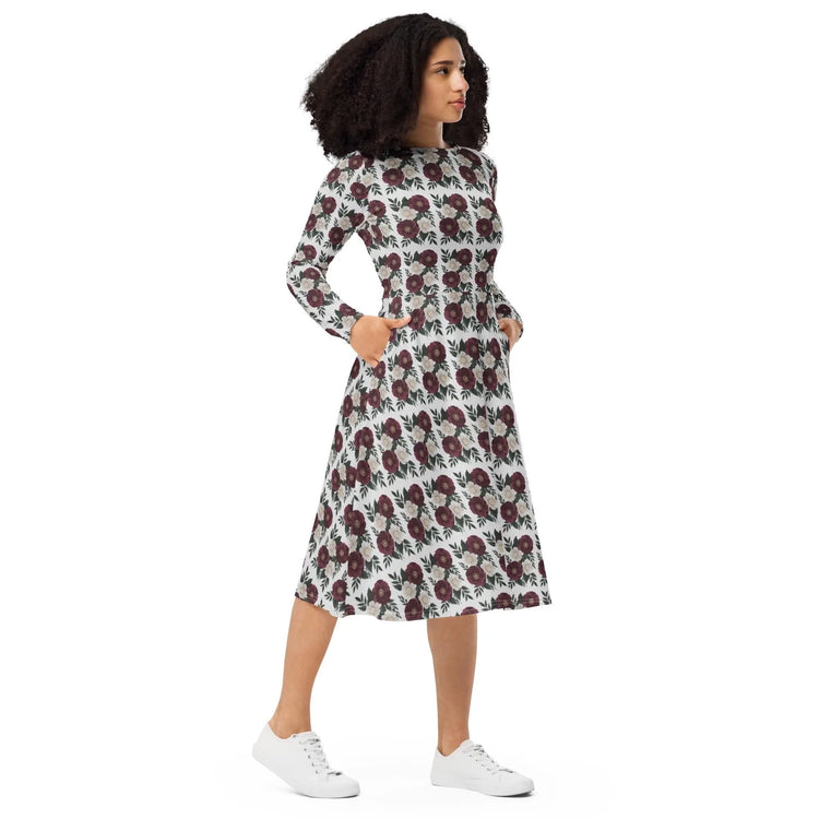 Floral All-Over Print Long Sleeve Midi Dress with Pockets – Feminine Fit & Flared Style The Aurora Touch