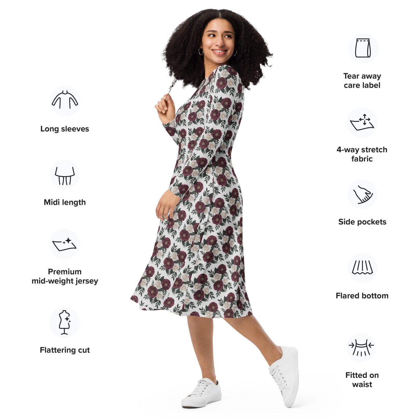 Floral All-Over Print Long Sleeve Midi Dress with Pockets – Feminine Fit & Flared Style