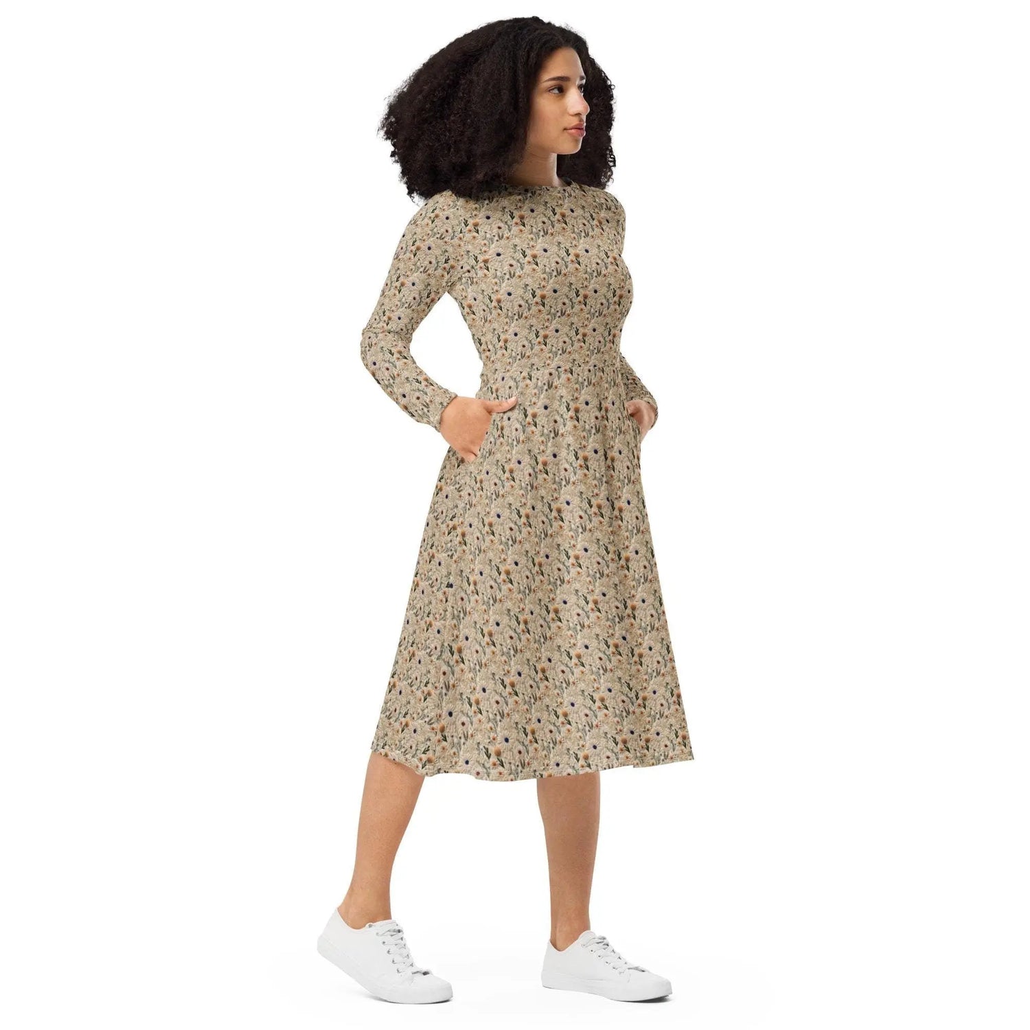 All-over print long sleeve midi dress, pretty floral crotchet print dinner party business event versatile stylish conservative dress