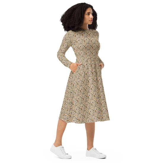 All-over print long sleeve midi dress, pretty floral crotchet print dinner party business event versatile stylish conservative dress
