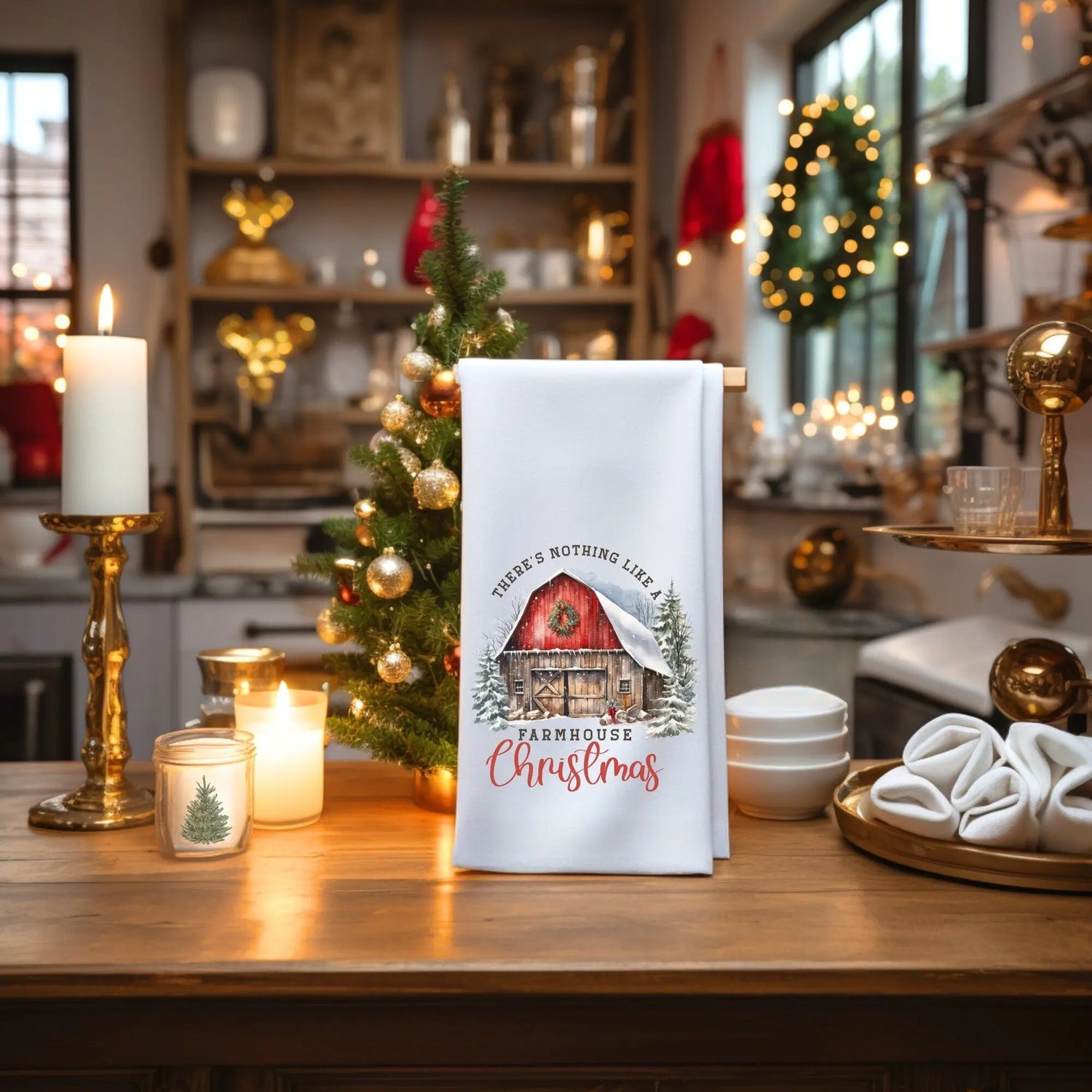 Farmhouse Xmas Tea Towel, Hand Towel, Cooking Towel, xmas gifts, Kitchen decor, Designer Tea Towel, Holiday Towel The Aurora Touch