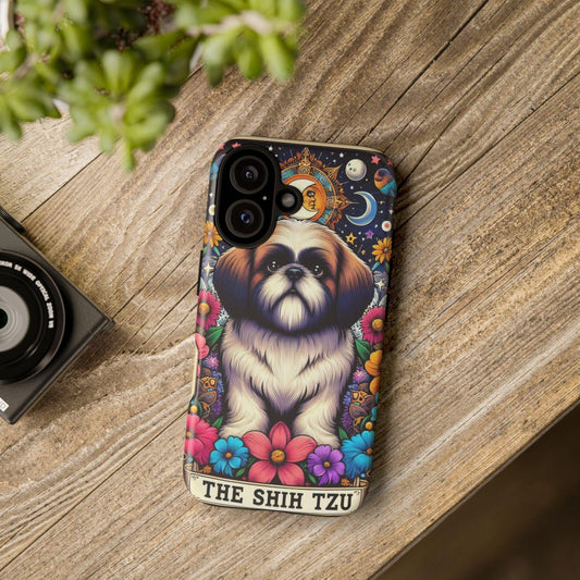 Phone Case, Cute Shih Tzu Celestial Tarot Card Hard Cover Shell for iPhone 14/15, Tough Dog Pet Design, Protective Phone Accessories, Unique