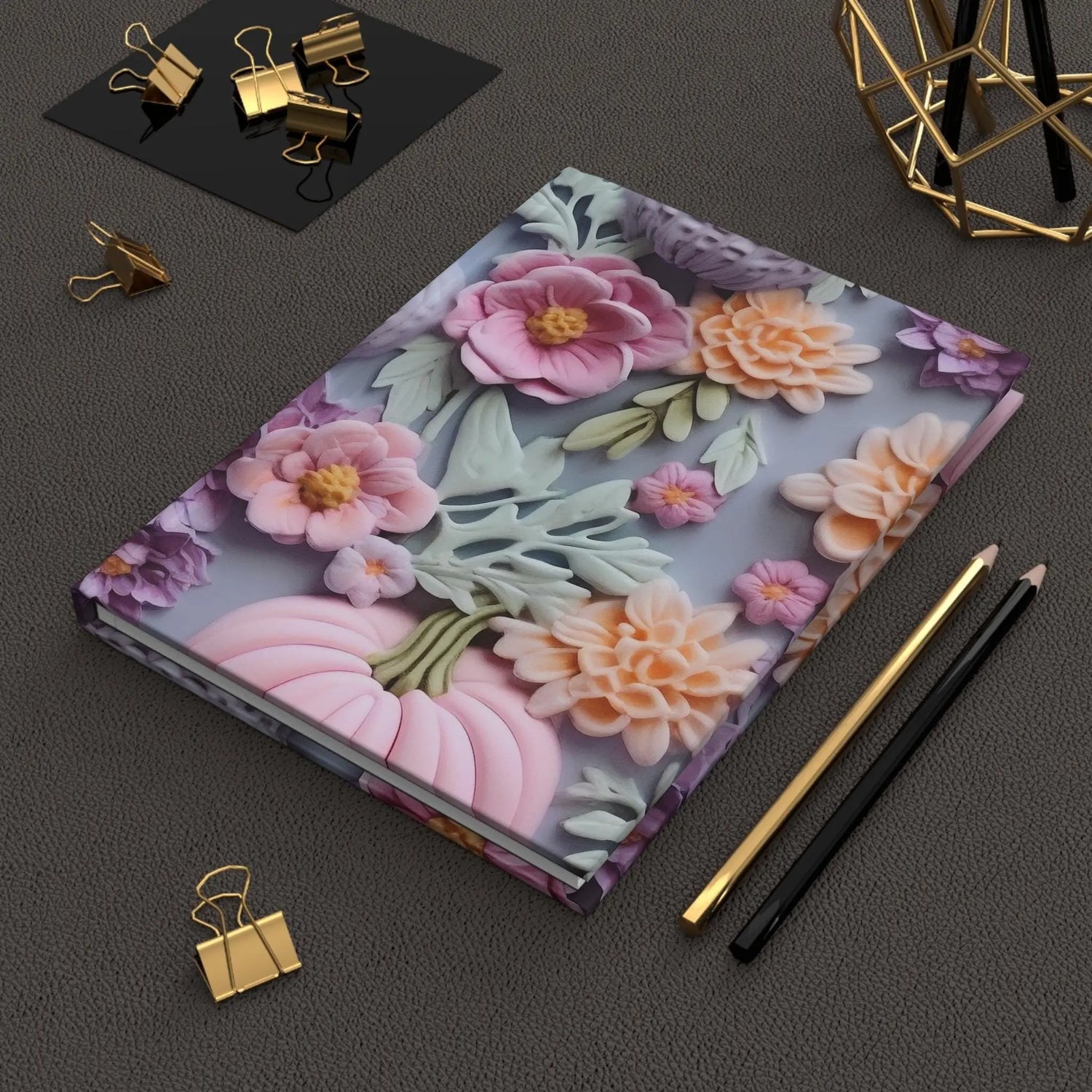 Floral Pumpkin Hardcover Journal, Fall 3D Pastel Custom Print Notebook The Aurora Touch