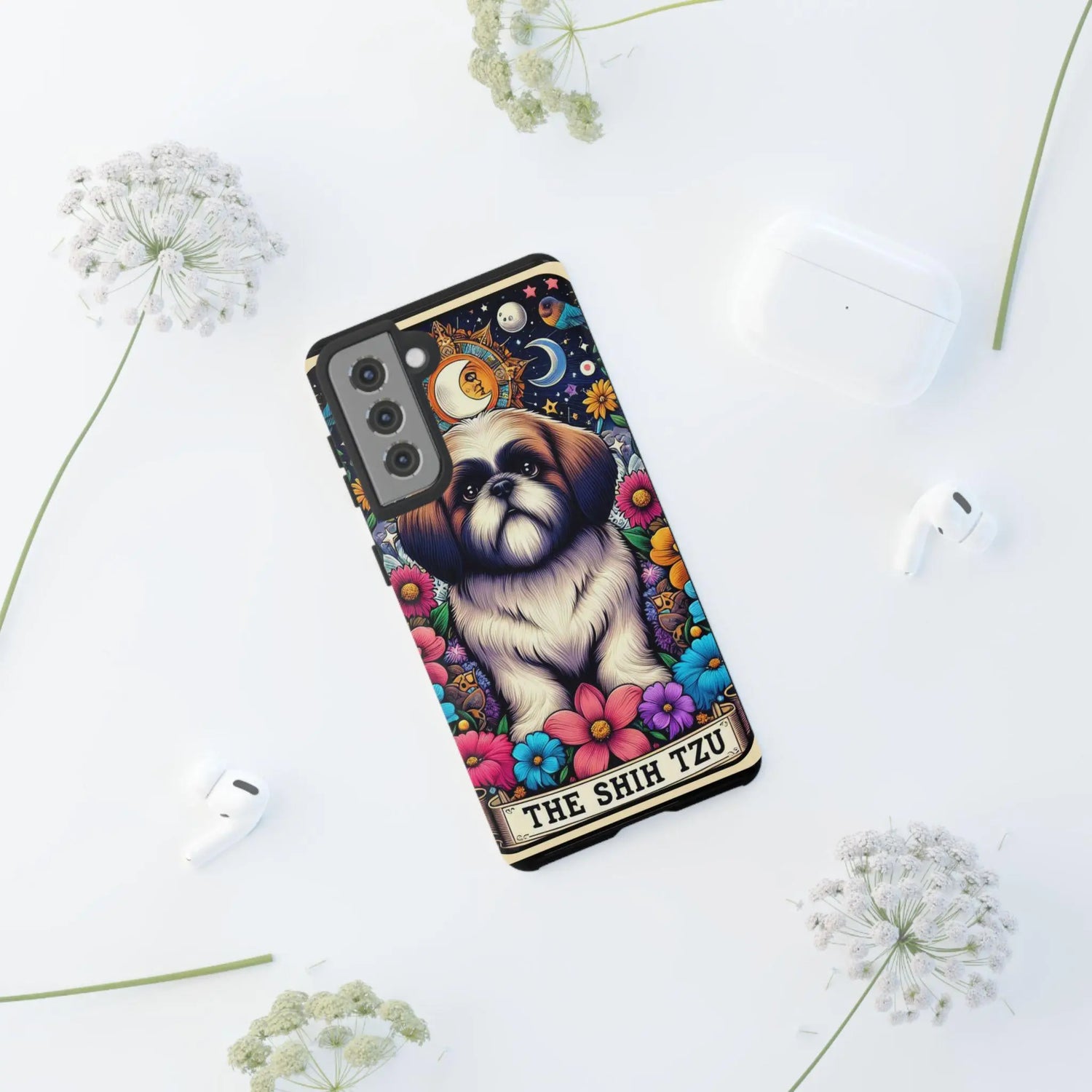 Shih Tzu Floral Portrait Phone Case | Tough Galaxy Hard Cover | Android Designer Case | Tarot Card Pet Art