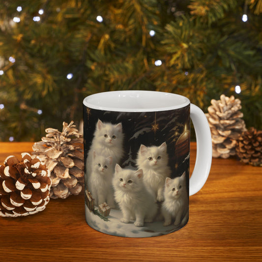 Charming 11oz Ceramic Christmas Mug for Cat Lovers - White Cats Holiday Gift - Perfect for Hot Cocoa & Tea