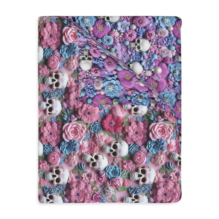 Skull & Floral Velveteen Blanket, Two- Sided Cozy Throw for Home Decor, Perfect for Halloween, Day of the Dead, Gothic Style, Unique Gift