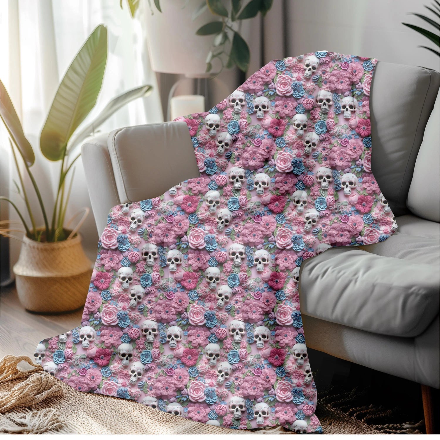 Skull & Floral Velveteen Blanket,  Two- Sided Cozy Throw for Home Decor, Perfect for Halloween, Day of the Dead, Gothic Style, Unique Gift The Aurora Touch
