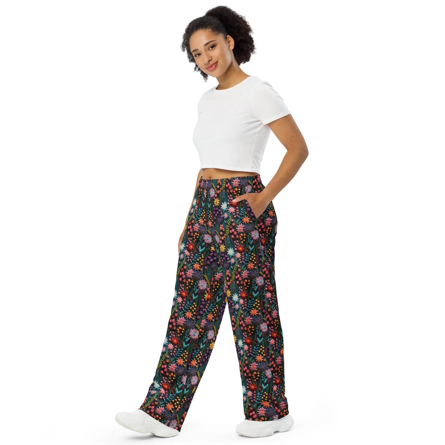 All-Over Floral 3D Print Wide-Leg Pants for Women