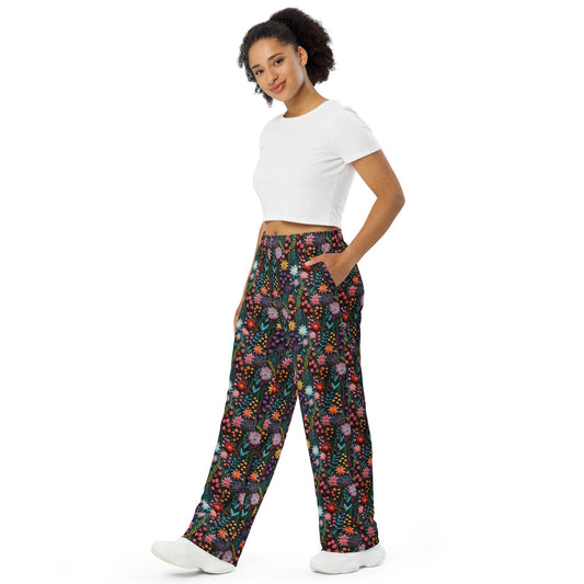 All-Over Floral 3D Print Wide-Leg Pants for Women