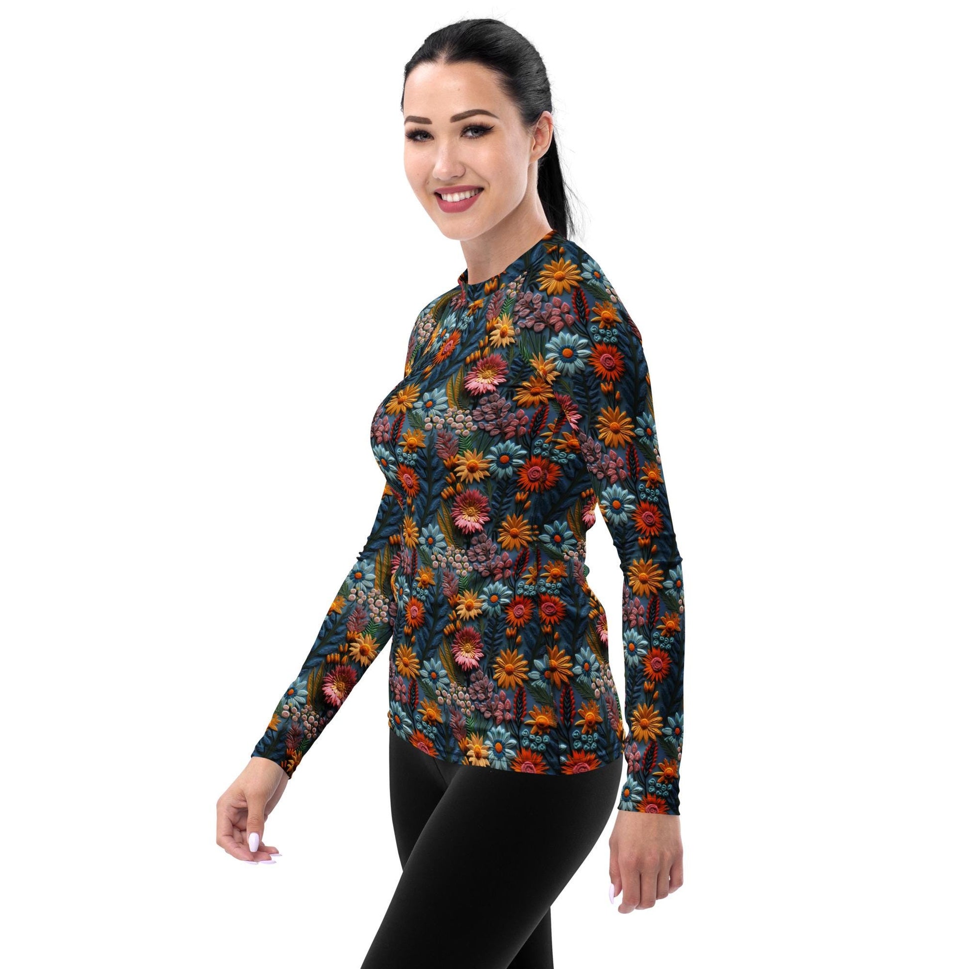 Stylish Women&#39;s Fall Floral Print Rash Guard - Versatile Slim Fit Casual Shirt