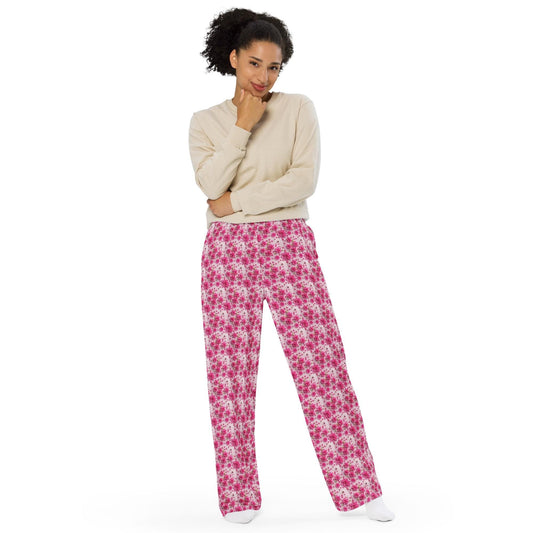 Pink Floral 3D Wide-Leg Pants | All-Over Print Casual Lounge Wear | High-Quality Women's Fashion