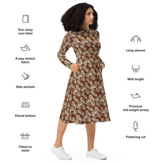 Stunning All-Over Fall Floral Print Midi Dress | Long Sleeve | Autumn Elegance