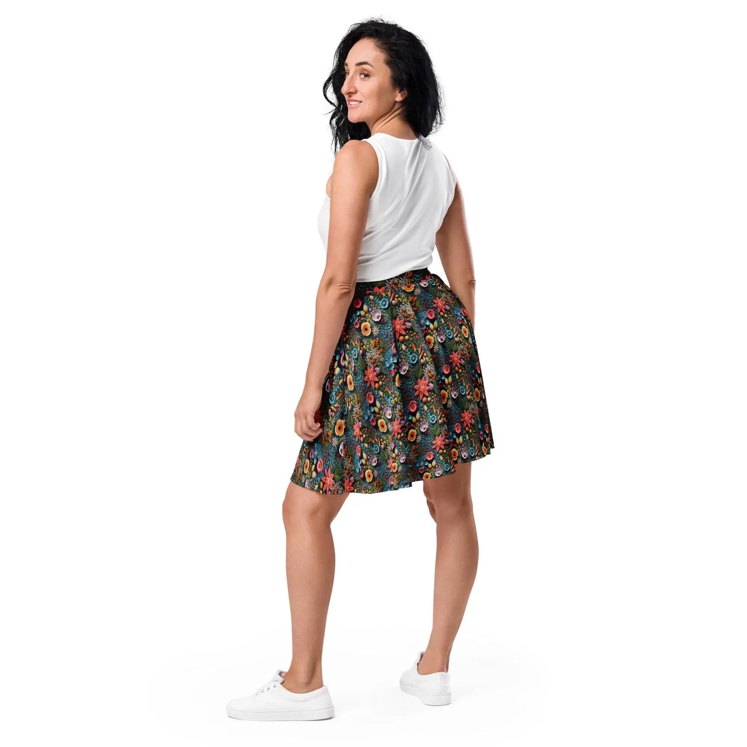Vibrant All-Over 3D Threaded Floral Print Skater Skirt | Feminine Fall Style | Customizable Sizes The Aurora Touch