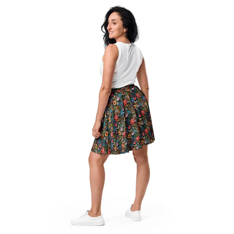 Vibrant All-Over 3D Threaded Floral Print Skater Skirt | Feminine Fall Style | Customizable Sizes The Aurora Touch