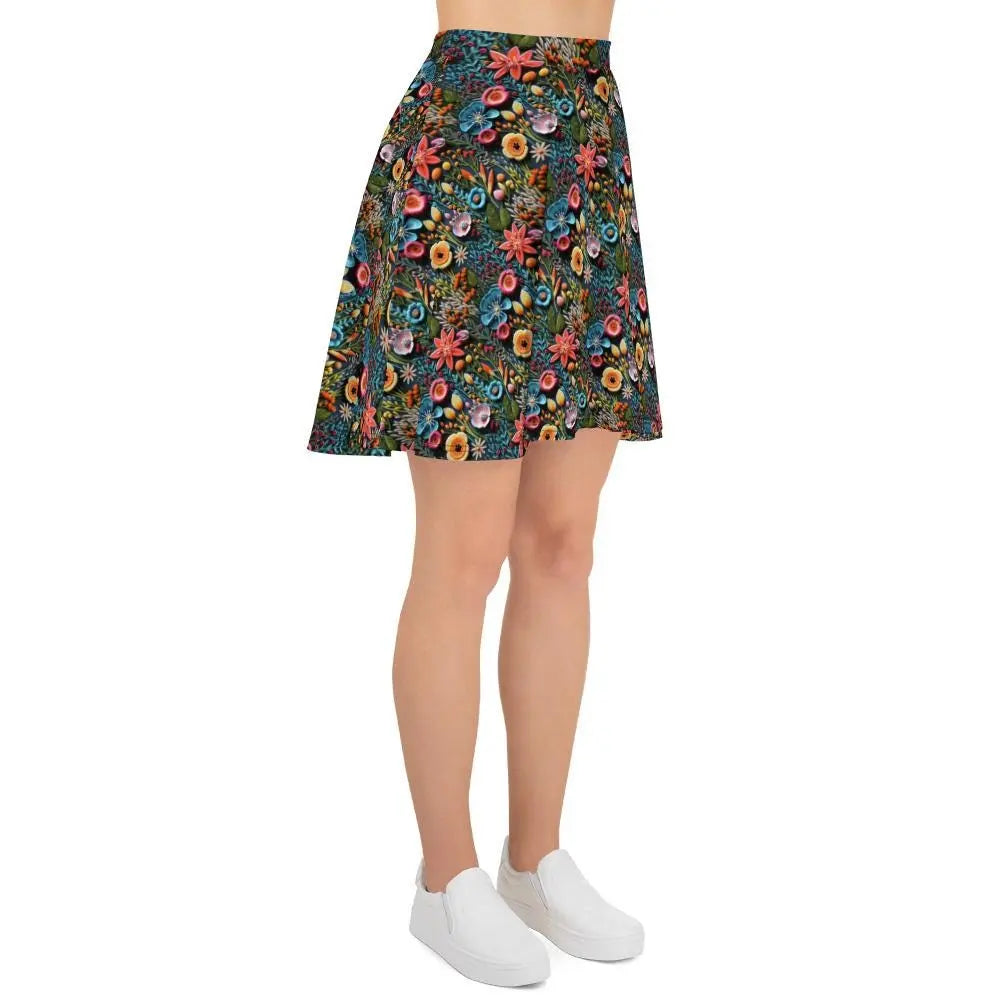 Vibrant All-Over 3D Threaded Floral Print Skater Skirt | Feminine Fall Style | Customizable Sizes The Aurora Touch