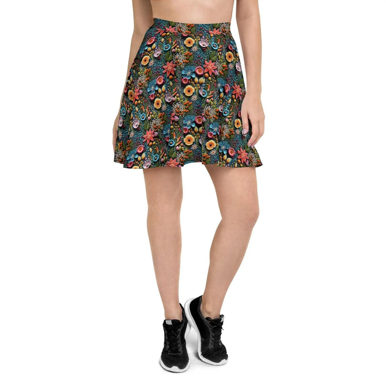 Vibrant All-Over 3D Threaded Floral Print Skater Skirt | Feminine Fall Style | Customizable Sizes The Aurora Touch