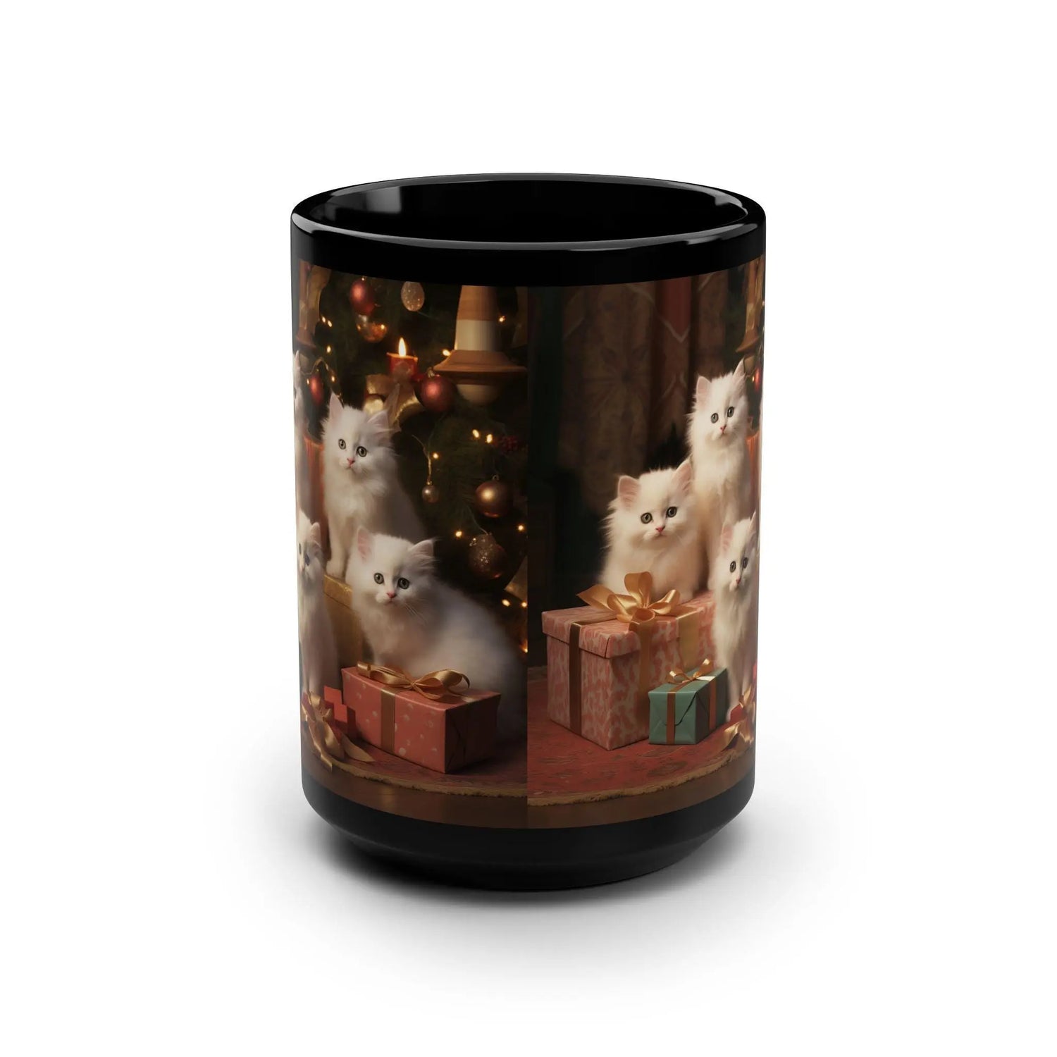 Black Mug, 15oz, Christmas kittens, Kitty Design, Coffee Mug, Tea Cup, Kitchen Decor, Gift for Grandma, Xmas Gift, Stocking Stuffer The Aurora Touch