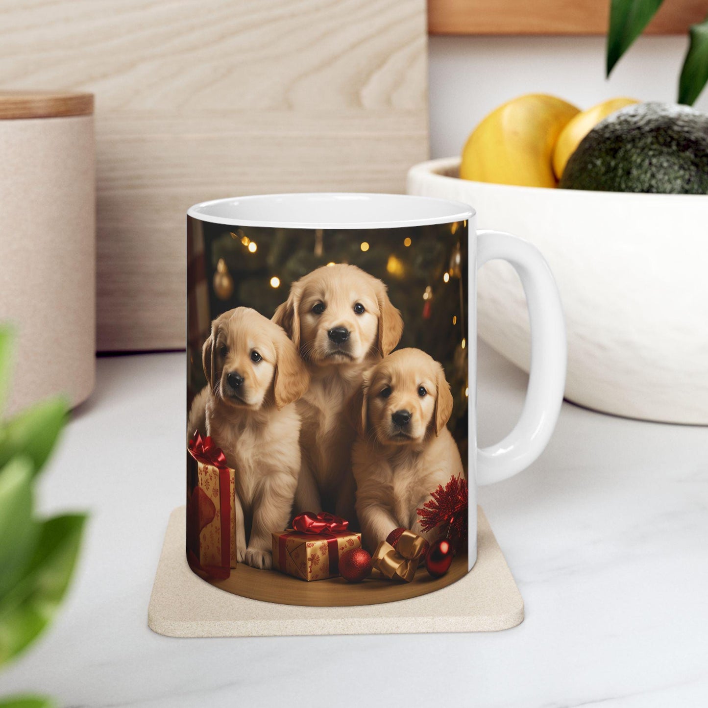 Ceramic Mug 11oz, Xmas Mug, Holiday Cup, Festive Mug, Office mug, Colleague Holiday gift, Golden Retriever, Fancy Mug