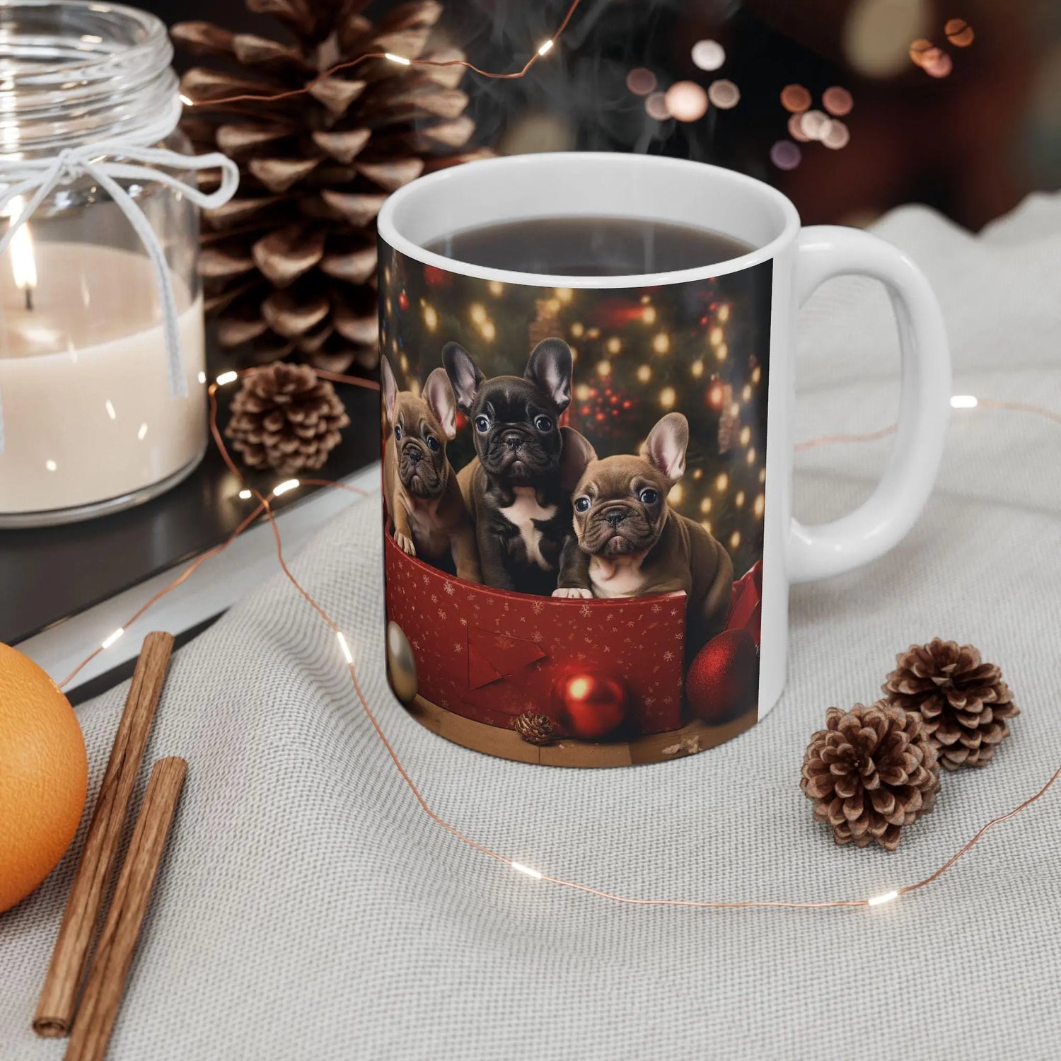 Frenchie Xmas Ceramic Mug 11oz | Puppy Lover Christmas Mug | Holiday Mug | Xmas Gift for Mom | Custom Mug | Holiday Decor | Morning Mug The Aurora Touch