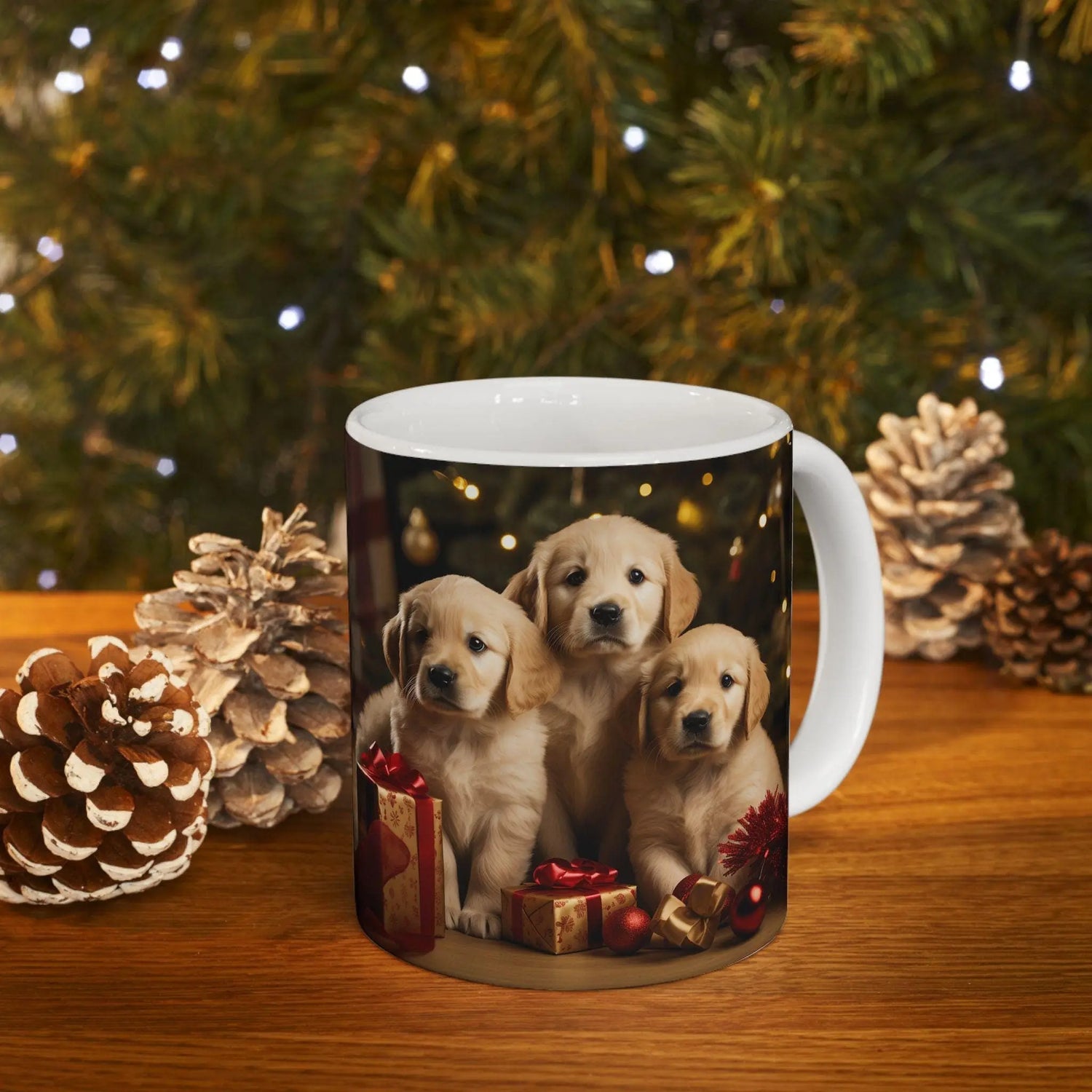 Ceramic Mug 11oz, Xmas Mug, Holiday Cup, Festive Mug, Office mug, Colleague Holiday gift, Golden Retriever, Fancy Mug The Aurora Touch