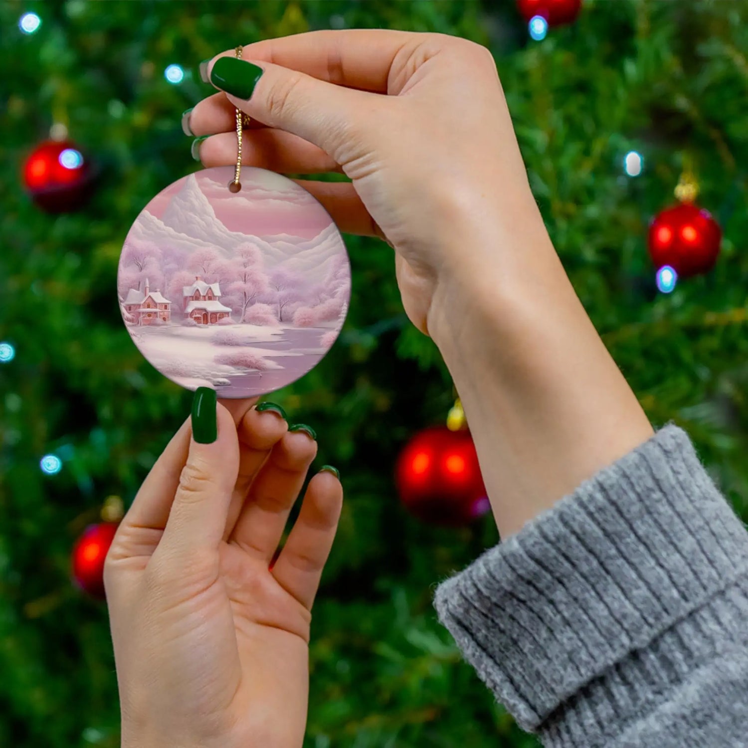 Holiday Ceramic Ornament, Snowflake & Round Shape, Pink Christmas Scene, Tree Decor, Xmas Gift, Home Decor The Aurora Touch