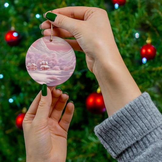 Holiday Ceramic Ornament, Snowflake & Round Shape, Pink Christmas Scene, Tree Decor, Xmas Gift, Home Decor