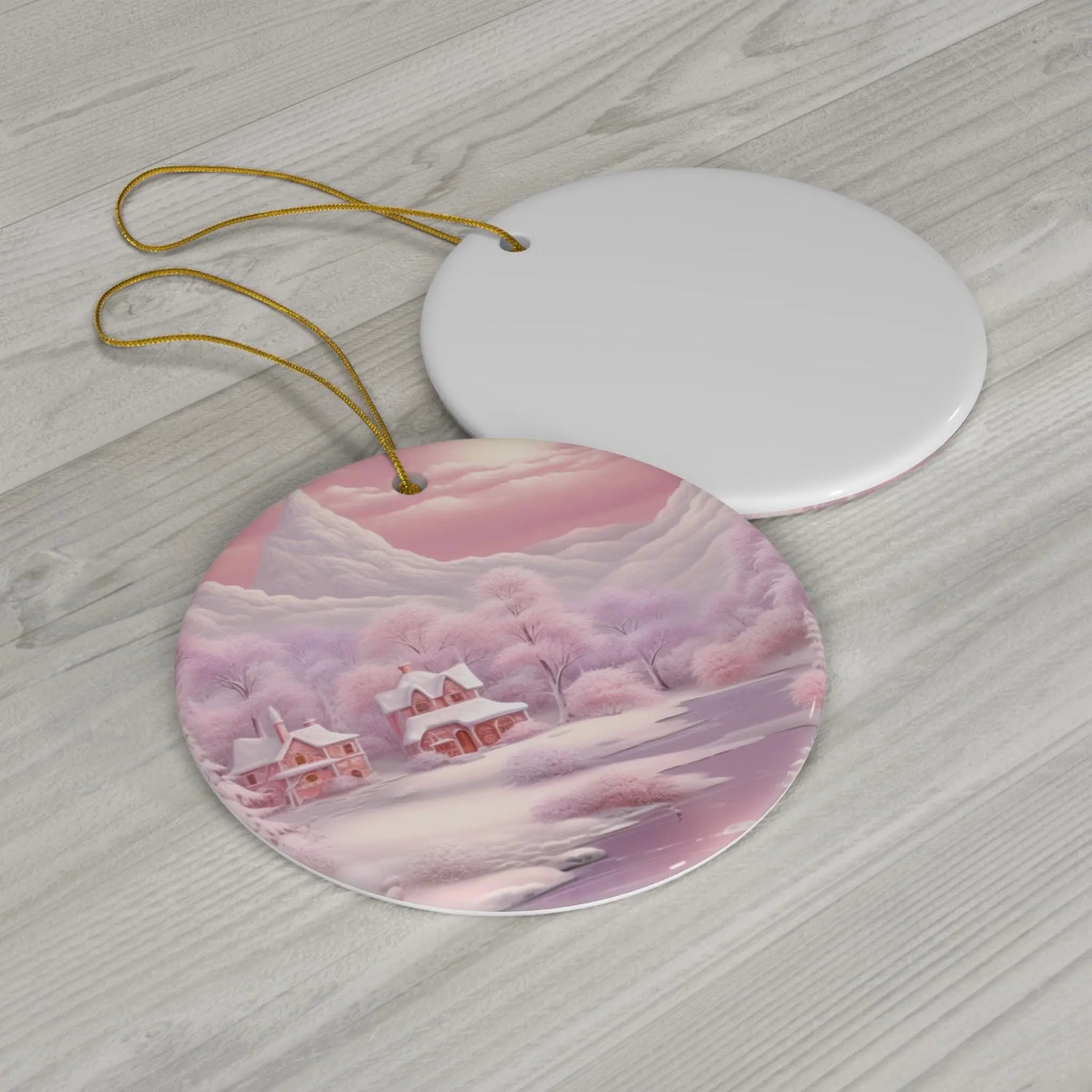 Holiday Ceramic Ornament, Snowflake & Round Shape, Pink Christmas Scene, Tree Decor, Xmas Gift, Home Decor The Aurora Touch