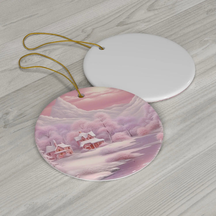Holiday Ceramic Ornament, Snowflake & Round Shape, Pink Christmas Scene, Tree Decor, Xmas Gift, Home Decor The Aurora Touch