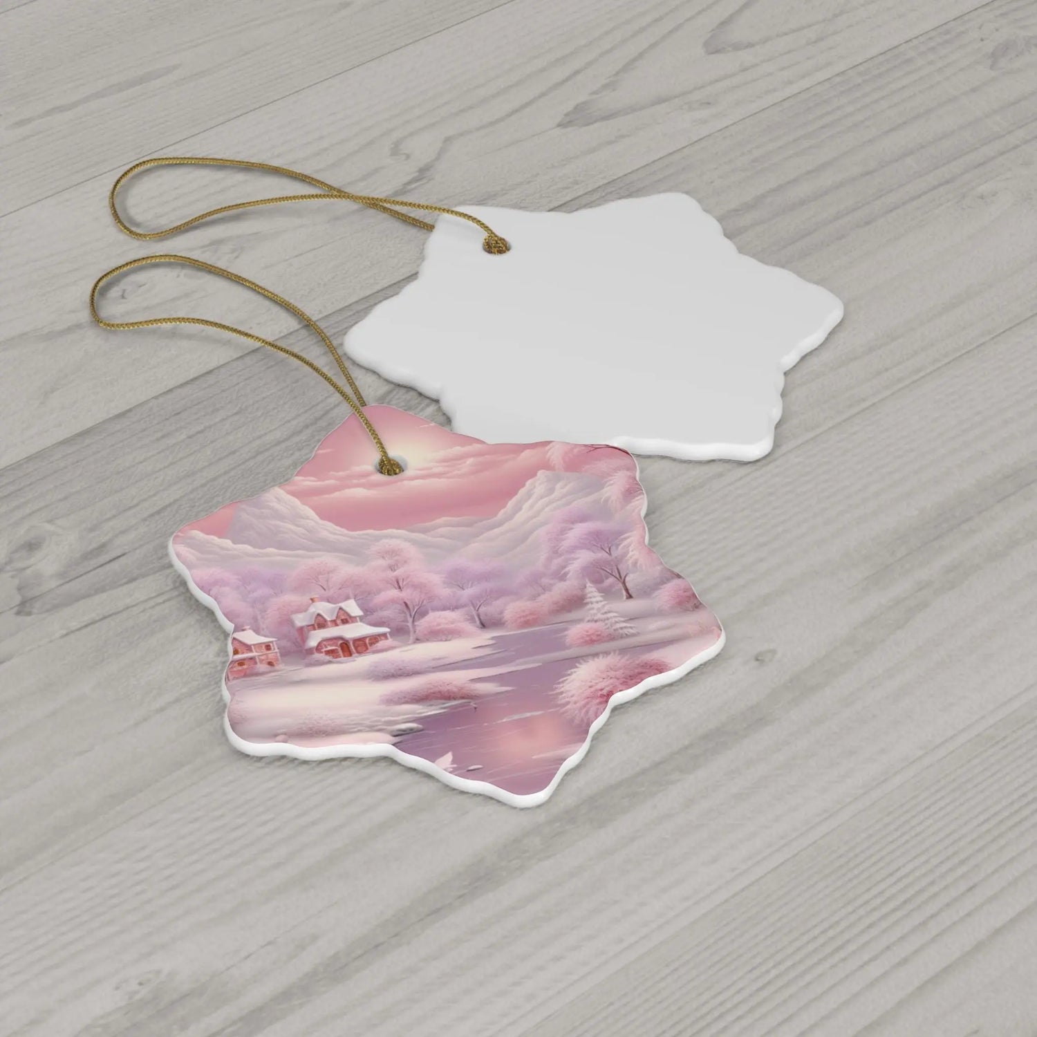 Holiday Ceramic Ornament, Snowflake & Round Shape, Pink Christmas Scene, Tree Decor, Xmas Gift, Home Decor The Aurora Touch
