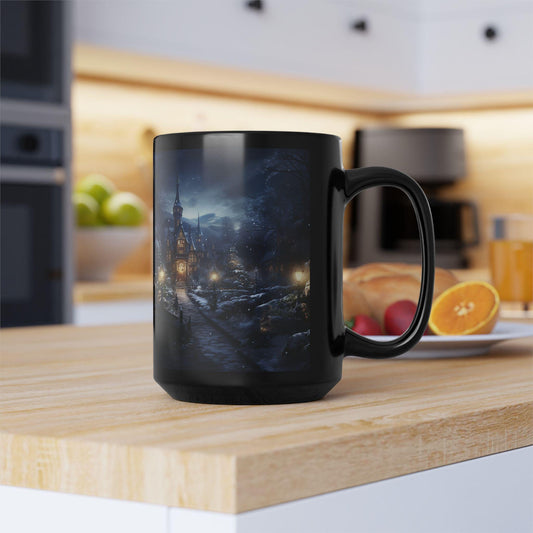 Winter's Night Scenery Black Mug, 15oz - Holiday Novelty Mug, Designer Portrait Mug, Home Decor, Stocking Stuffer