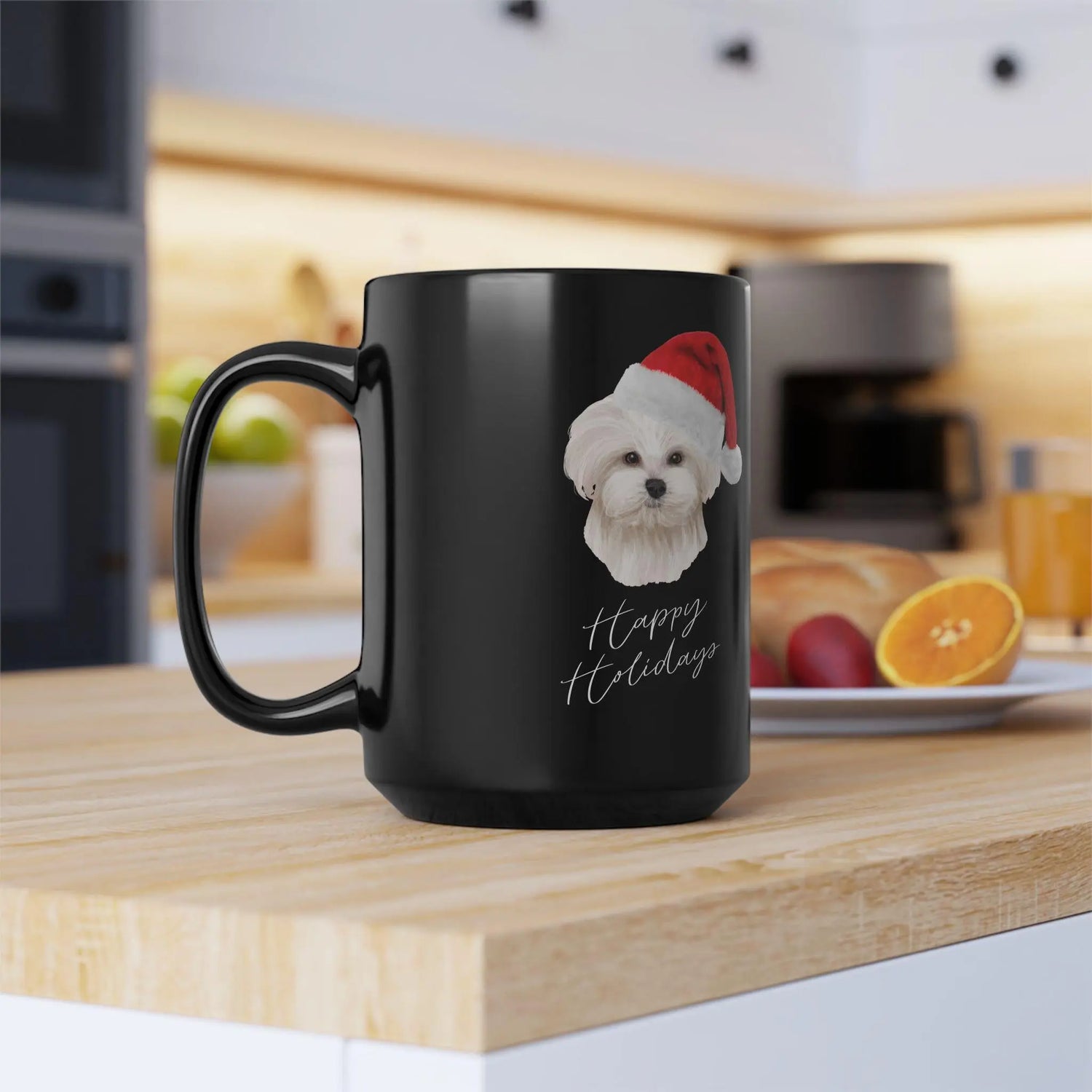 Dog Lover Maltese 15oz Black Mug - Xmas Gift, Fancy Coffee Cup, Hot Tea Designer Beverage Cup, Holiday Design The Aurora Touch