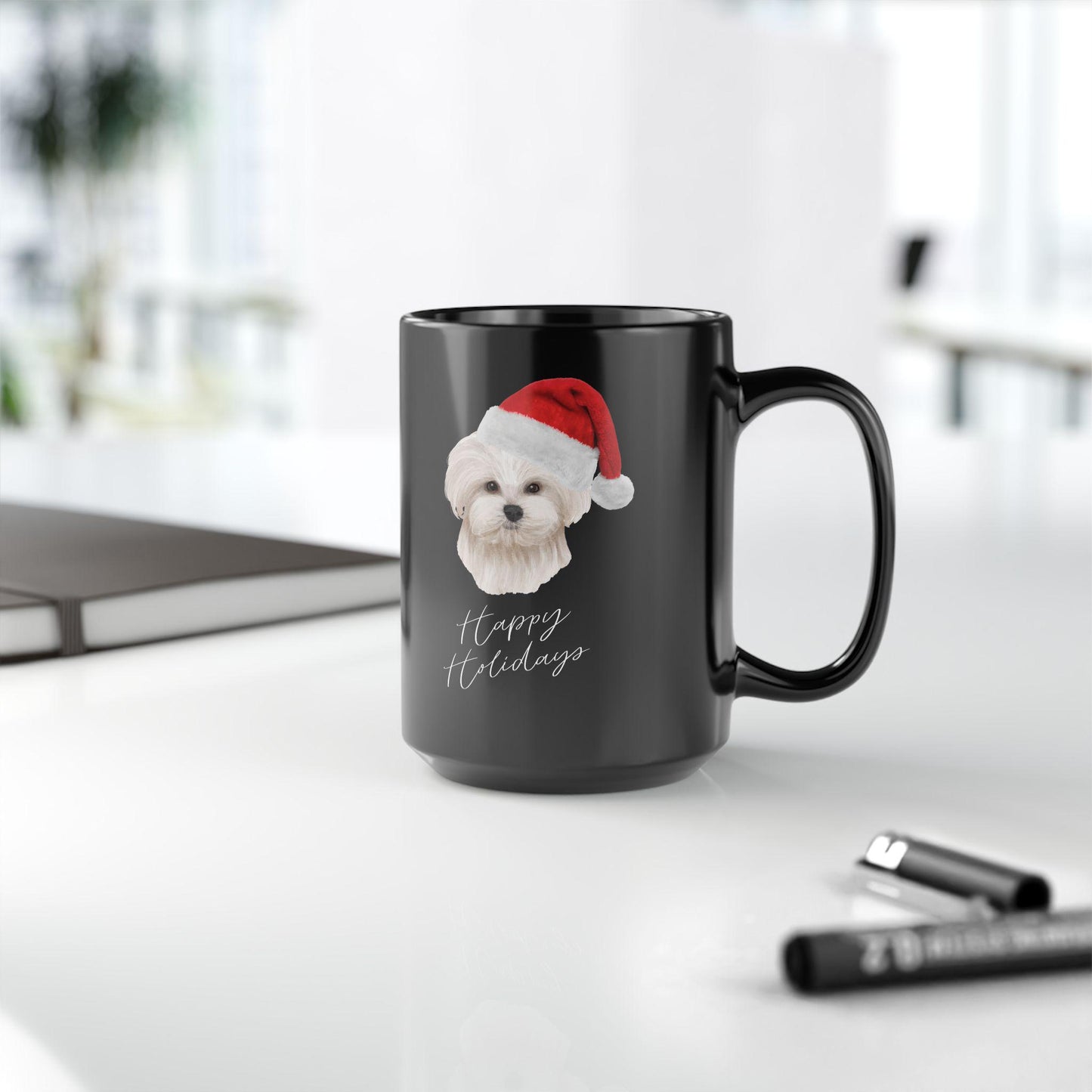 Dog Lover Maltese 15oz Black Mug - Xmas Gift, Fancy Coffee Cup, Hot Tea Designer Beverage Cup, Holiday Design