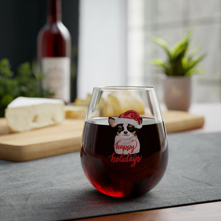 Stemless Wine Glass, 11.75oz, pet chihuahua design, party Wine glass, Novelty wine glass, Xmas glassware, Holiday gift, Female gift The Aurora Touch