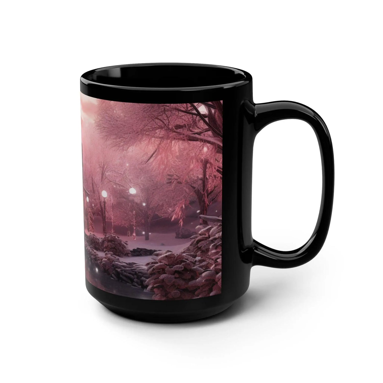 Holiday Scene Black Mug, 15oz, Pink Xmas Mystic Holiday Stylish Designer Home Office Coffee Tea Hot Beverage Cup The Aurora Touch