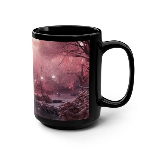 Holiday Scene Black Mug, 15oz, Pink Xmas Mystic Holiday Stylish Designer Home Office Coffee Tea Hot Beverage Cup