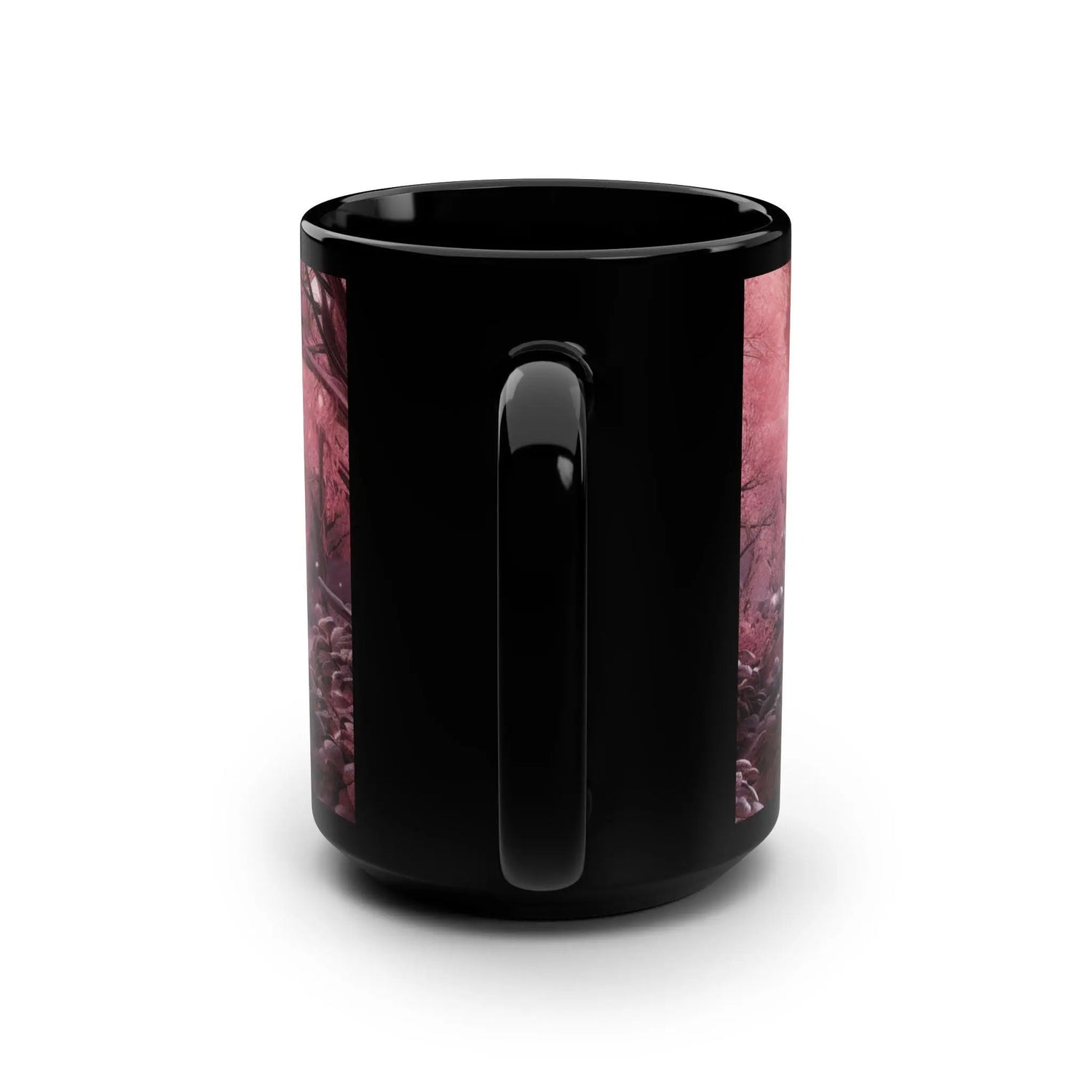 Holiday Scene Black Mug, 15oz, Pink Xmas Mystic Holiday Stylish Designer Home Office Coffee Tea Hot Beverage Cup The Aurora Touch